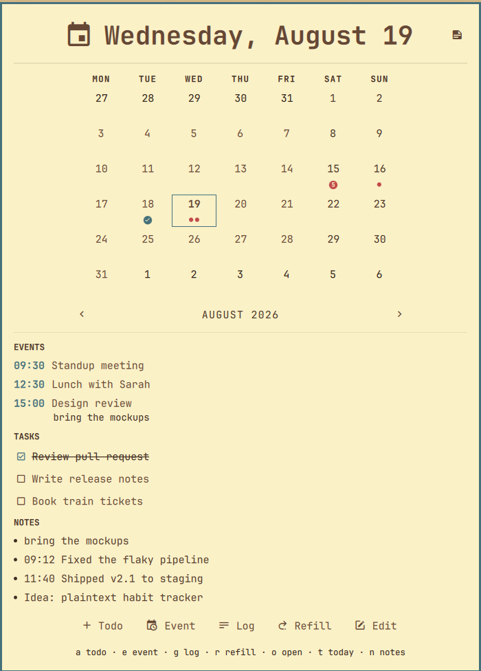 The Planova quickshell panel open under the Omarchy bar: month calendar with per-day indicators, and the selected day's events, todos, and notes
